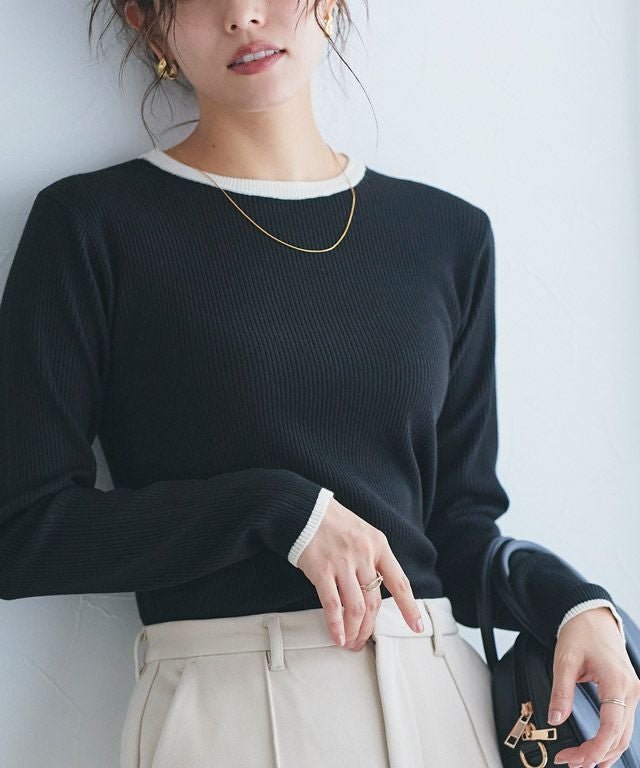 【ピエロ/Pierrot】の選べる配色リブニット インテリア・キッズ・メンズ・レディースファッション・服の通販 founy(ファウニー) 　ファッション　Fashion　レディースファッション　Fashion for Women　トップス・カットソー　Cut & Sew Tops　ニット　Knit Tops & Sweaters　おすすめ　Recommended / Our Picks　インナー　Innerwear　ハイネック　High Neck, Mock Neck　プチプライス・低価格　Affordable / Budget Price　ベーシック　Basic, Essential　リブニット　Rib Knit, Ribbed Knit　春　Spring　秋　Autumn　167cm / A / ブラック×アイボリー / クルーネック / M|ID: prp329100004973864 ipo3291000000037291791