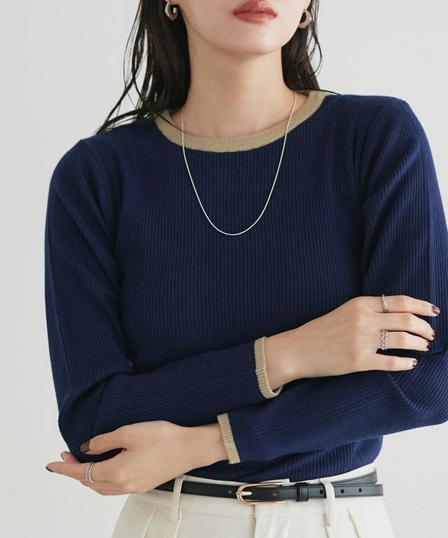 【ピエロ/Pierrot】の選べる配色リブニット インテリア・キッズ・メンズ・レディースファッション・服の通販 founy(ファウニー) 　ファッション　Fashion　レディースファッション　Fashion for Women　トップス・カットソー　Cut & Sew Tops　ニット　Knit Tops & Sweaters　おすすめ　Recommended / Our Picks　インナー　Innerwear　ハイネック　High Neck, Mock Neck　プチプライス・低価格　Affordable / Budget Price　ベーシック　Basic, Essential　リブニット　Rib Knit, Ribbed Knit　春　Spring　秋　Autumn　167cm / A / ネイビー×杢ベージュ / クルーネック / M|ID: prp329100004973864 ipo3291000000037291792