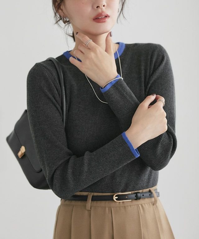 【ピエロ/Pierrot】の選べる配色リブニット インテリア・キッズ・メンズ・レディースファッション・服の通販 founy(ファウニー) 　ファッション　Fashion　レディースファッション　Fashion for Women　トップス・カットソー　Cut & Sew Tops　ニット　Knit Tops & Sweaters　おすすめ　Recommended / Our Picks　インナー　Innerwear　ハイネック　High Neck, Mock Neck　プチプライス・低価格　Affordable / Budget Price　ベーシック　Basic, Essential　リブニット　Rib Knit, Ribbed Knit　春　Spring　秋　Autumn　167cm / A / 杢チャコール×ブルー / クルーネック / M|ID: prp329100004973864 ipo3291000000037291793