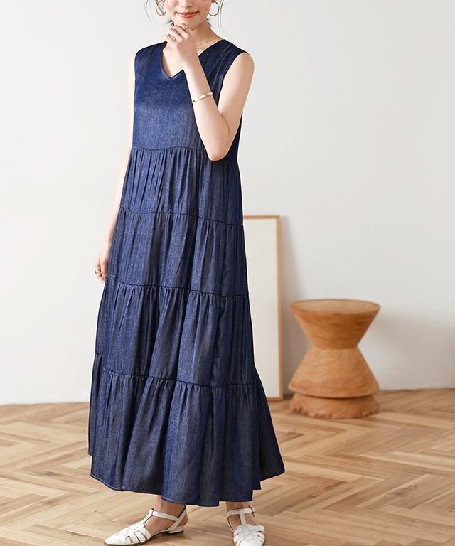 【ピエロ/Pierrot】のVネックティアードワンピース インテリア・キッズ・メンズ・レディースファッション・服の通販 founy(ファウニー) https://founy.com/ ファッション Fashion レディースファッション Fashion for Women ワンピース Dresses カーディガン Cardigan, Knitwear サテン Satin, Glossy Fabric デニム Denim, Jeans Material ノースリーブ Sleeveless, No-Sleeve フェミニン Feminine, Girly プチプライス・低価格 Affordable / Budget Price |ID: prp329100004973881 ipo3291000000037291860