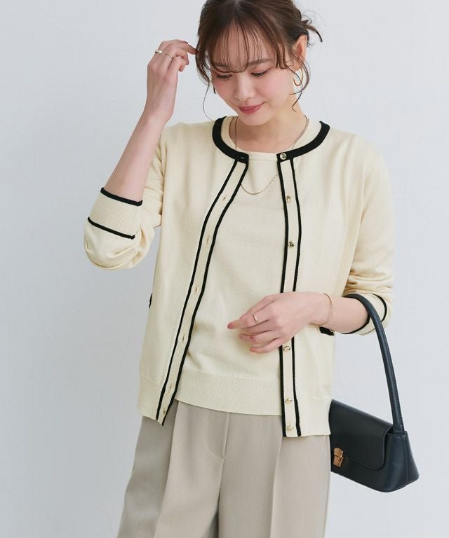 【ピエロ/Pierrot】のアンサンブルニット インテリア・キッズ・メンズ・レディースファッション・服の通販 founy(ファウニー) 　ファッション　Fashion　レディースファッション　Fashion for Women　トップス・カットソー　Cut & Sew Tops　ニット　Knit Tops & Sweaters　アンサンブルニット　Knit Ensembles & Twin Sets　アンサンブル　Ensemble Set　インナー　Innerwear　カーディガン　Cardigan, Knitwear　シンプル　Simple, Minimal　プチプライス・低価格　Affordable / Budget Price　ベーシック　Basic, Essential　エレガント 上品　Elegant　半袖　Short Sleeve, Half Sleeve　167cm / アイボリー×ブラック / M|ID: prp329100004975666 ipo3291000000037298883