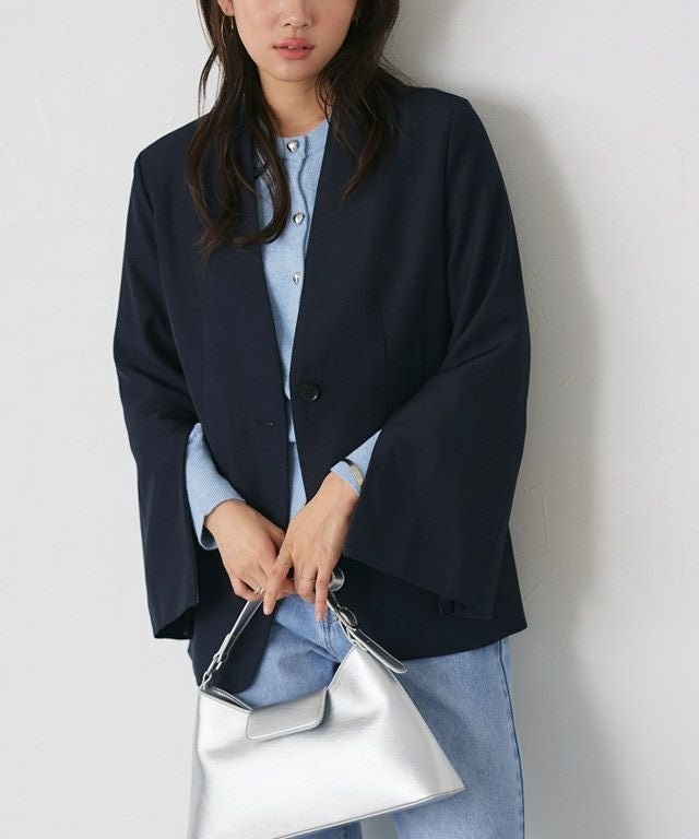 【ピエロ/Pierrot】の2wayスリーブノーカラージャケット インテリア・キッズ・メンズ・レディースファッション・服の通販 founy(ファウニー) 　ファッション　Fashion　レディースファッション　Fashion for Women　アウター　Coat / Outerwear Collection　レディースジャケット・軽アウター　Jackets　ノーカラージャケット / シンプル上品コーデ　Collarless Jackets　インナー　Innerwear　シンプル　Simple, Minimal　ジャケット　Jacket, Outerwear　スリーブ　Sleeve, Long Sleeve / Short Sleeve　プチプライス・低価格　Affordable / Budget Price　166cm / ネイビー / M|ID: prp329100004975697 ipo3291000000037298997