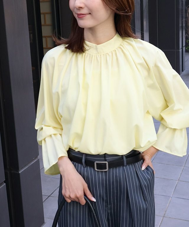 【ピエロ/Pierrot】のキャンディースリーブギャザーブラウス インテリア・キッズ・メンズ・レディースファッション・服の通販 founy(ファウニー) 　ファッション　Fashion　レディースファッション　Fashion for Women　トップス・カットソー　Cut & Sew Tops　シャツ・ブラウス・オフィスカジュアル　Elegant Blouses & Button-Ups　ギャザー　Gathered, Ruffled　スリーブ　Sleeve, Long Sleeve / Short Sleeve　フェミニン　Feminine, Girly　プチプライス・低価格　Affordable / Budget Price　エレガント 上品　Elegant　163cm / イエロー / M|ID: prp329100004975700 ipo3291000000037299017