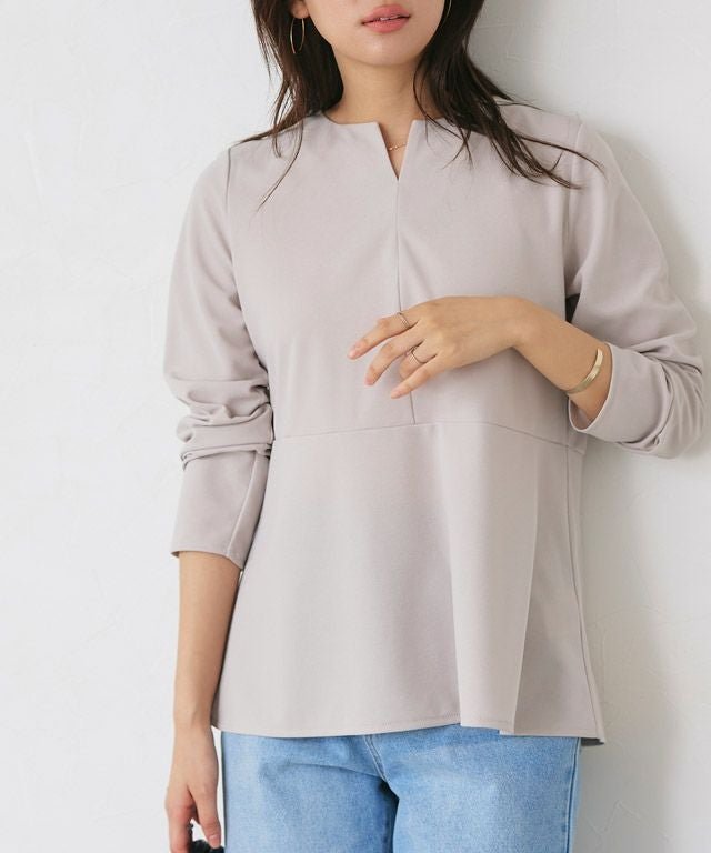 【ピエロ/Pierrot】のキーネックペプラムTブラウス インテリア・キッズ・メンズ・レディースファッション・服の通販 founy(ファウニー) 　ファッション　Fashion　レディースファッション　Fashion for Women　トップス・カットソー　Cut & Sew Tops　シャツ・ブラウス・オフィスカジュアル　Elegant Blouses & Button-Ups　送料無料　Free Shipping　インナー　Innerwear　カットソー　Cut and Sewn Top　ジャケット　Jacket, Outerwear　ジョーゼット　Georgette, Semi-Sheer Fabric　フレア　Flare, Flared　プチプライス・低価格　Affordable / Budget Price　166cm / グレー / M|ID: prp329100004975708 ipo3291000000037299055