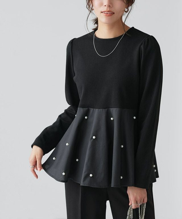 【ピエロ/Pierrot】のパールペプラムドッキングプルオーバー インテリア・キッズ・メンズ・レディースファッション・服の通販 founy(ファウニー) 　ファッション　Fashion　レディースファッション　Fashion for Women　トップス・カットソー　Cut & Sew Tops　カジュアルプルオーバー・ニットトップス　Pullovers & Knit Tops / Casual Pullovers　パール　Pearl, Pearl Accent　フェミニン　Feminine, Girly　フレア　Flare, Flared　プチプライス・低価格　Affordable / Budget Price　ペプラム　Peplum, Flared Hem　167cm / ブラック / M|ID: prp329100004975721 ipo3291000000037299098
