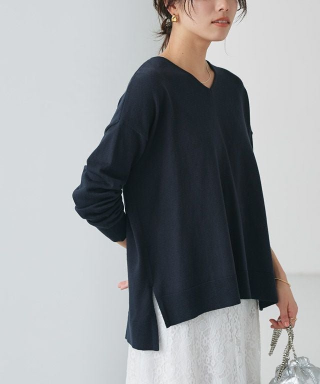【ピエロ/Pierrot】のネックが選べるコットンミックスオーバーニット インテリア・キッズ・メンズ・レディースファッション・服の通販 founy(ファウニー) 　ファッション　Fashion　レディースファッション　Fashion for Women　トップス・カットソー　Cut & Sew Tops　ニット　Knit Tops & Sweaters　ウォッシャブル　Machine Washable　シンプル　Simple, Minimal　プチプライス・低価格　Affordable / Budget Price　ベーシック　Basic, Essential　ミックス　Mix, Mixed Style　エレガント 上品　Elegant　167cm / ネイビー / Vネック / M|ID: prp329100004975738 ipo3291000000037299163