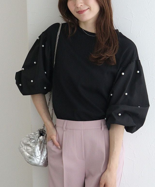 【ピエロ/Pierrot】の袖パールデザイントップス インテリア・キッズ・メンズ・レディースファッション・服の通販 founy(ファウニー) 　ファッション　Fashion　レディースファッション　Fashion for Women　トップス・カットソー　Cut & Sew Tops　パール　Pearl, Pearl Accent　プチプライス・低価格　Affordable / Budget Price　袖パールデザイントップス|ID: prp329100004975749 ipo3291000000037299220