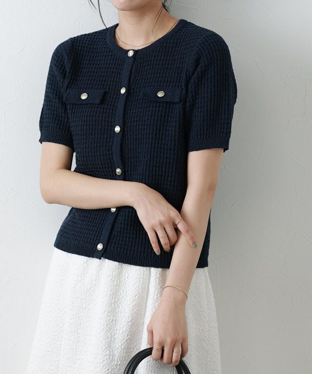 【ピエロ/Pierrot】のサマーツイードニットカーディガン インテリア・キッズ・メンズ・レディースファッション・服の通販 founy(ファウニー) 　ファッション　Fashion　レディースファッション　Fashion for Women　トップス・カットソー　Cut & Sew Tops　ニット　Knit Tops & Sweaters　カーディガン・羽織り　Layered Style Cardigans　カーディガン　Cardigan, Knitwear　ジャケット　Jacket, Outerwear　ツイード　Twill, Twill Weave　トレンド　Trend, Trending Now　プチプライス・低価格　Affordable / Budget Price　167cm / ネイビー / M|ID: prp329100004975780 ipo3291000000037299344