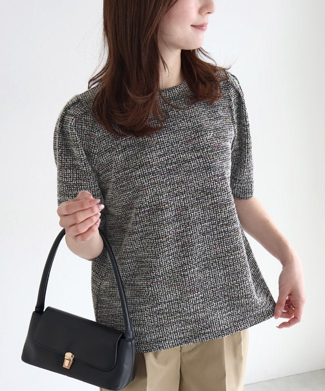 【ピエロ/Pierrot】のツイードパフスリーブカットソー インテリア・キッズ・メンズ・レディースファッション・服の通販 founy(ファウニー) 　ファッション　Fashion　レディースファッション　Fashion for Women　トップス・カットソー　Cut & Sew Tops　カットソー・ベーシックTシャツ　Cut-and-Sewn Tops / Stretch Tees & Basics　おすすめ　Recommended / Our Picks　カットソー　Cut and Sewn Top　ストレッチ　Stretch, Stretchy Fabric　スリーブ　Sleeve, Long Sleeve / Short Sleeve　ツイード　Twill, Twill Weave　デニム　Denim, Jeans Material　プチプライス・低価格　Affordable / Budget Price　エレガント 上品　Elegant　163cm / ブラック / M|ID: prp329100004975783 ipo3291000000037299356