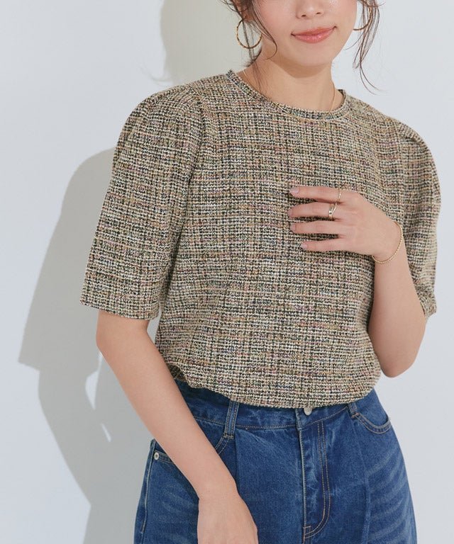 【ピエロ/Pierrot】のツイードパフスリーブカットソー インテリア・キッズ・メンズ・レディースファッション・服の通販 founy(ファウニー) 　ファッション　Fashion　レディースファッション　Fashion for Women　トップス・カットソー　Cut & Sew Tops　カットソー・ベーシックTシャツ　Cut-and-Sewn Tops / Stretch Tees & Basics　おすすめ　Recommended / Our Picks　カットソー　Cut and Sewn Top　ストレッチ　Stretch, Stretchy Fabric　スリーブ　Sleeve, Long Sleeve / Short Sleeve　ツイード　Twill, Twill Weave　デニム　Denim, Jeans Material　プチプライス・低価格　Affordable / Budget Price　エレガント 上品　Elegant　167cm / ベージュ / M|ID: prp329100004975783 ipo3291000000037299357