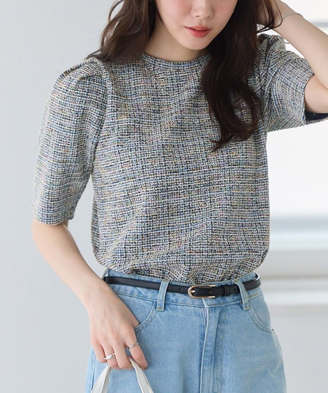 【ピエロ/Pierrot】のツイードパフスリーブカットソー インテリア・キッズ・メンズ・レディースファッション・服の通販 founy(ファウニー) 　ファッション　Fashion　レディースファッション　Fashion for Women　トップス・カットソー　Cut & Sew Tops　カットソー・ベーシックTシャツ　Cut-and-Sewn Tops / Stretch Tees & Basics　おすすめ　Recommended / Our Picks　カットソー　Cut and Sewn Top　ストレッチ　Stretch, Stretchy Fabric　スリーブ　Sleeve, Long Sleeve / Short Sleeve　ツイード　Twill, Twill Weave　デニム　Denim, Jeans Material　プチプライス・低価格　Affordable / Budget Price　エレガント 上品　Elegant　ツイードパフスリーブカットソー|ID: prp329100004975783 ipo3291000000037299358