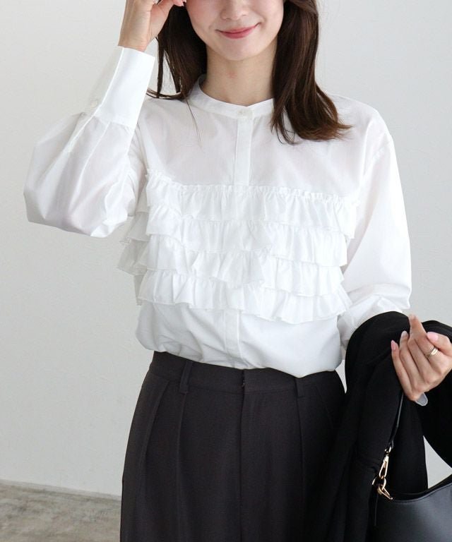 【ピエロ/Pierrot】のフリルビスチェ風ブラウス インテリア・キッズ・メンズ・レディースファッション・服の通販 founy(ファウニー) 　ファッション　Fashion　レディースファッション　Fashion for Women　トップス・カットソー　Cut & Sew Tops　シャツ・ブラウス・オフィスカジュアル　Elegant Blouses & Button-Ups　ビスチェ　Bustiers & Corset Tops / Layered Bustier Style　スリット　Slit, Slit Detail　トレンド　Trend, Trending Now　ビスチェ　Bustier, Corset Top　フェイク　Faux, Fake　フェミニン　Feminine, Girly　フリル　Frill, Ruffle　フロント　Front, Front Design　プチプライス・低価格　Affordable / Budget Price　163cm / オフホワイト / M|ID: prp329100004975801 ipo3291000000037299417