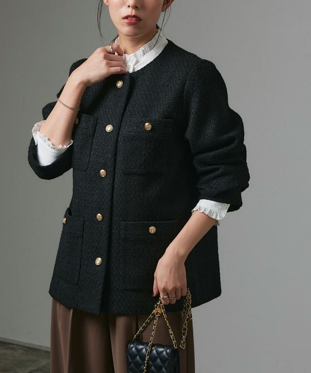 【ピエロ/Pierrot】のゴールドボタンジャコット インテリア・キッズ・メンズ・レディースファッション・服の通販 founy(ファウニー) 　ファッション　Fashion　レディースファッション　Fashion for Women　アウター　Coat / Outerwear Collection　レディースジャケット・軽アウター　Jackets　ジャケット　Jacket, Outerwear　ツイード　Twill, Twill Weave　プチプライス・低価格　Affordable / Budget Price　ポケット　Pocket, Pocket Detail　メルトン　Melton, Heavy Wool　エレガント 上品　Elegant　167cm / ツイード / ブラック / M|ID: prp329100004975839 ipo3291000000037299571