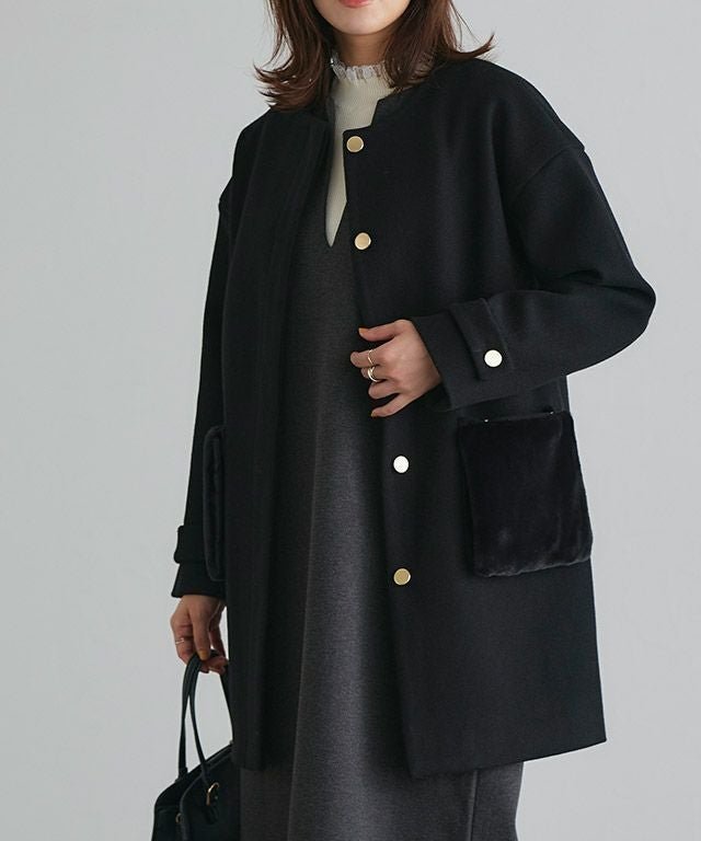 【ピエロ/Pierrot】の2wayファーポケットノーカラーコート インテリア・キッズ・メンズ・レディースファッション・服の通販 founy(ファウニー) 　ファッション　Fashion　レディースファッション　Fashion for Women　アウター　Coat / Outerwear Collection　コート・ロングコート・ピーコート　Long Coats, Peacoats & More　レディースジャケット・軽アウター　Jackets　プチプライス・低価格　Affordable / Budget Price　ポケット　Pocket, Pocket Detail　メルトン　Melton, Heavy Wool　エレガント 上品　Elegant　167cm / ブラック / M|ID: prp329100004975873 ipo3291000000037299684