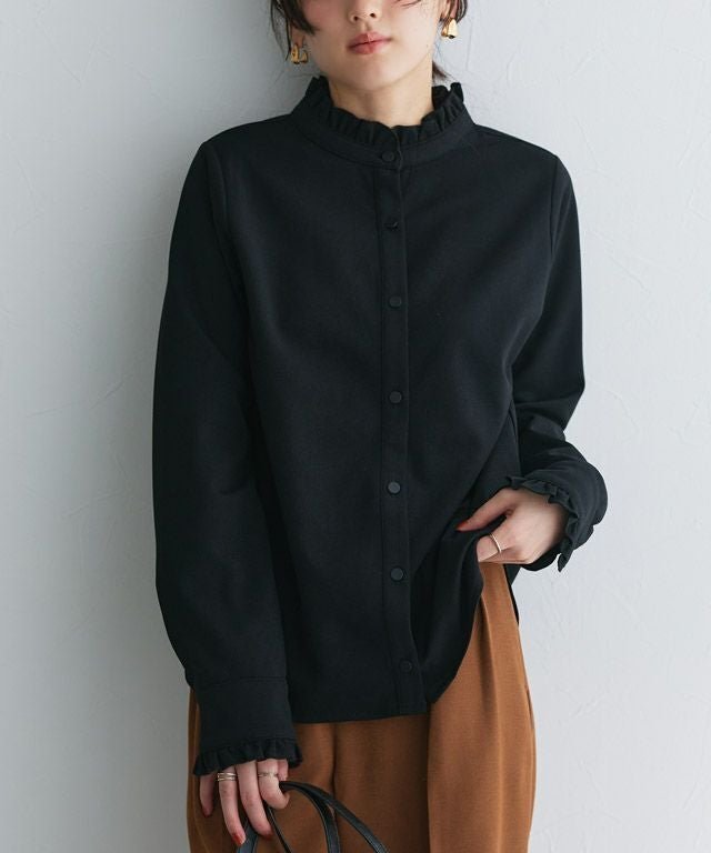 【ピエロ/Pierrot】の裏微起毛フリルネックブラウス インテリア・キッズ・メンズ・レディースファッション・服の通販 founy(ファウニー) 　ファッション　Fashion　レディースファッション　Fashion for Women　トップス・カットソー　Cut & Sew Tops　シャツ・ブラウス・オフィスカジュアル　Elegant Blouses & Button-Ups　シンプル　Simple, Minimal　フェミニン　Feminine, Girly　フリル　Frill, Ruffle　プチプライス・低価格　Affordable / Budget Price　エレガント 上品　Elegant　160cm / ブラック / M|ID: prp329100004975900 ipo3291000000037299778