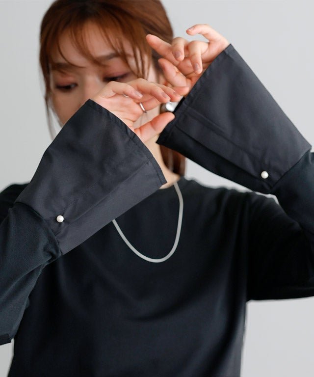 【ピエロ/Pierrot】のデザインが選べるドッキングカットソー インテリア・キッズ・メンズ・レディースファッション・服の通販 founy(ファウニー) 　ファッション　Fashion　レディースファッション　Fashion for Women　トップス・カットソー　Cut & Sew Tops　カットソー・ベーシックTシャツ　Cut-and-Sewn Tops / Stretch Tees & Basics　インナー　Innerwear　カフス　Cuff Design　コンパクト　Compact, Small Size　シアー　Sheer, See-Through　シャーリング　Shirring, Ruched　とろみ　Fluid, Flowy Fabric　パール　Pearl, Pearl Accent　フェザー　Feather, Feather Detail　フレア　Flare, Flared　ベスト　Vest, Waistcoat　ボトム　Bottoms, Lower Wear　プチプライス・低価格　Affordable / Budget Price　166cm / ブラック / クルーネック / パールカフス / M|ID: prp329100004975962 ipo3291000000037300017