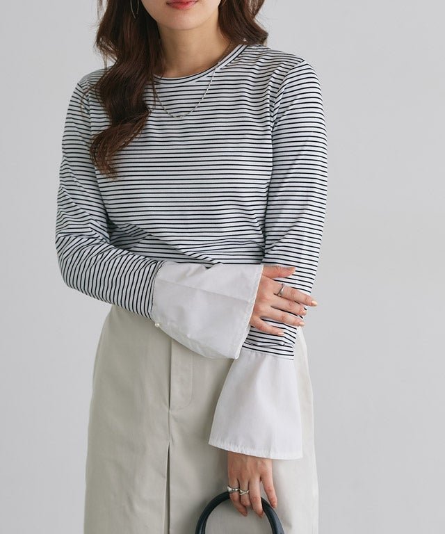 【ピエロ/Pierrot】のデザインが選べるドッキングカットソー インテリア・キッズ・メンズ・レディースファッション・服の通販 founy(ファウニー) 　ファッション　Fashion　レディースファッション　Fashion for Women　トップス・カットソー　Cut & Sew Tops　カットソー・ベーシックTシャツ　Cut-and-Sewn Tops / Stretch Tees & Basics　インナー　Innerwear　カフス　Cuff Design　コンパクト　Compact, Small Size　シアー　Sheer, See-Through　シャーリング　Shirring, Ruched　とろみ　Fluid, Flowy Fabric　パール　Pearl, Pearl Accent　フェザー　Feather, Feather Detail　フレア　Flare, Flared　ベスト　Vest, Waistcoat　ボトム　Bottoms, Lower Wear　プチプライス・低価格　Affordable / Budget Price　166cm / ボーダー / クルーネック / パールカフス / M|ID: prp329100004975962 ipo3291000000037300021
