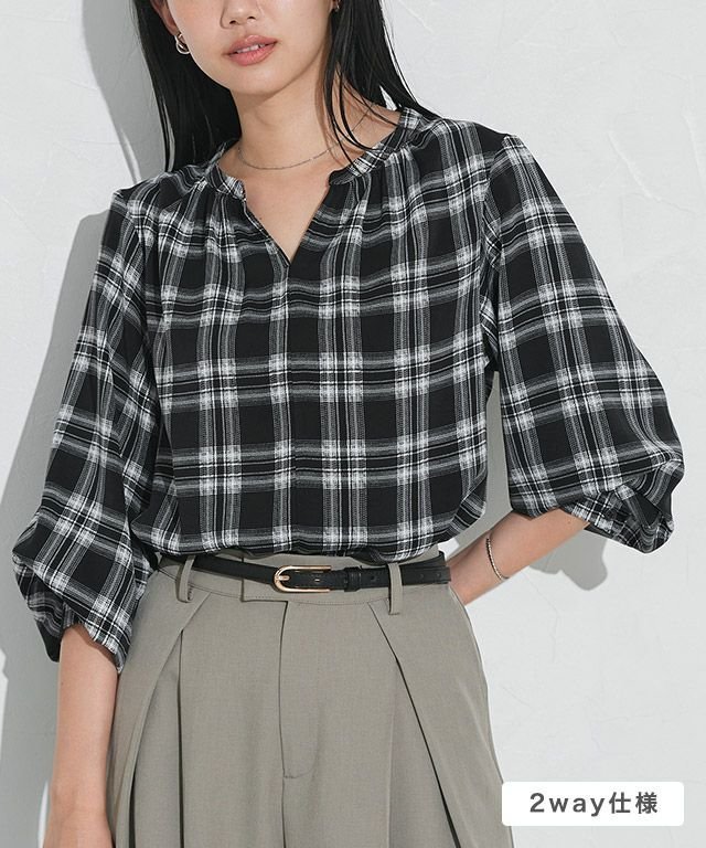 【ピエロ/Pierrot】の選べる柄2wayギャザーブラウス インテリア・キッズ・メンズ・レディースファッション・服の通販 founy(ファウニー) 　ファッション　Fashion　レディースファッション　Fashion for Women　トップス・カットソー　Cut & Sew Tops　シャツ・ブラウス・オフィスカジュアル　Elegant Blouses & Button-Ups　ギャザー　Gathered, Ruffled　スリーブ　Sleeve, Long Sleeve / Short Sleeve　チェック　Check, Plaid, Tartan　ドット　Polka Dot, Dot Pattern　フロント　Front, Front Design　プチプライス・低価格　Affordable / Budget Price　エレガント 上品　Elegant　無地　Plain, Solid Color　選べる柄2wayギャザーブラウス|ID: prp329100004975965 ipo3291000000037300037