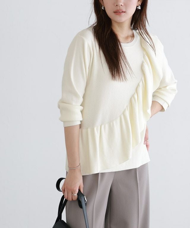 【ピエロ/Pierrot】のラッフルデザインニット インテリア・キッズ・メンズ・レディースファッション・服の通販 founy(ファウニー) 　ファッション　Fashion　レディースファッション　Fashion for Women　トップス・カットソー　Cut & Sew Tops　ニット　Knit Tops & Sweaters　おすすめ　Recommended / Our Picks　シンプル　Simple, Minimal　ダウン　Down, Puffer　デニム　Denim, Jeans Material　フェミニン　Feminine, Girly　フリル　Frill, Ruffle　プチプライス・低価格　Affordable / Budget Price　ラッフル　Ruffle, Frill　166cm / オフホワイト / M|ID: prp329100004975974 ipo3291000000037300082
