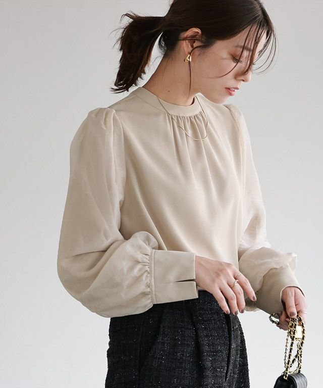 【ピエロ/Pierrot】の【アウトレットSALE!】2wayオーガンジースリーブブラウス インテリア・キッズ・メンズ・レディースファッション・服の通販 founy(ファウニー) 　ファッション　Fashion　レディースファッション　Fashion for Women　トップス・カットソー　Cut & Sew Tops　シャツ・ブラウス・オフィスカジュアル　Elegant Blouses & Button-Ups　アウトレット　Outlet / Clearance　オーガンジー　Organza Fabric　ドッキング　Docking, Mixed Material　フェミニン　Feminine, Girly　プチプライス・低価格　Affordable / Budget Price　167cm / ベージュ / M|ID: prp329100004976001 ipo3291000000037300191