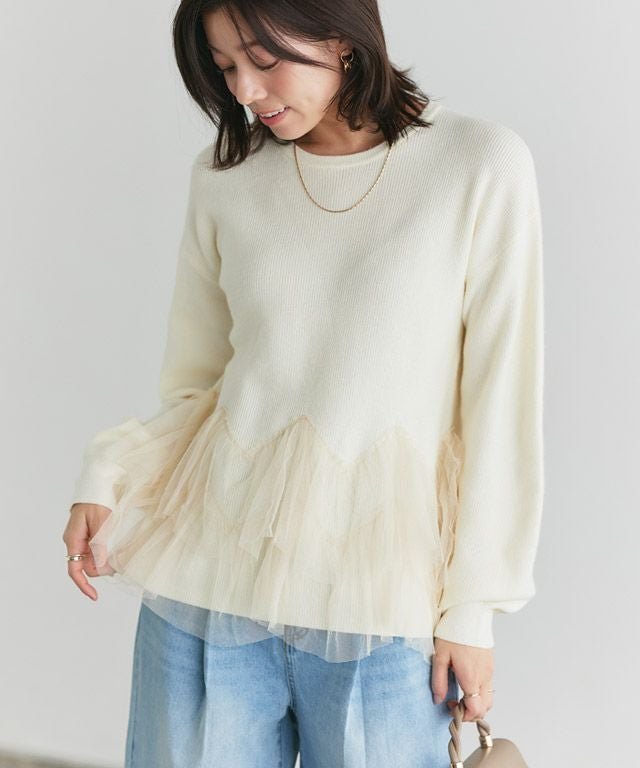 【ピエロ/Pierrot】の【アウトレットSALE!】チュールドッキングニットプルオーバー インテリア・キッズ・メンズ・レディースファッション・服の通販 founy(ファウニー) 　ファッション　Fashion　レディースファッション　Fashion for Women　トップス・カットソー　Cut & Sew Tops　ニット　Knit Tops & Sweaters　カジュアルプルオーバー・ニットトップス　Pullovers & Knit Tops / Casual Pullovers　アウトレット　Outlet / Clearance　シンプル　Simple, Minimal　チュール　Tulip, Tulip Motif　ドッキング　Docking, Mixed Material　フェミニン　Feminine, Girly　プチプライス・低価格　Affordable / Budget Price　167cm / M / アイボリー|ID: prp329100004976017 ipo3291000000037300250