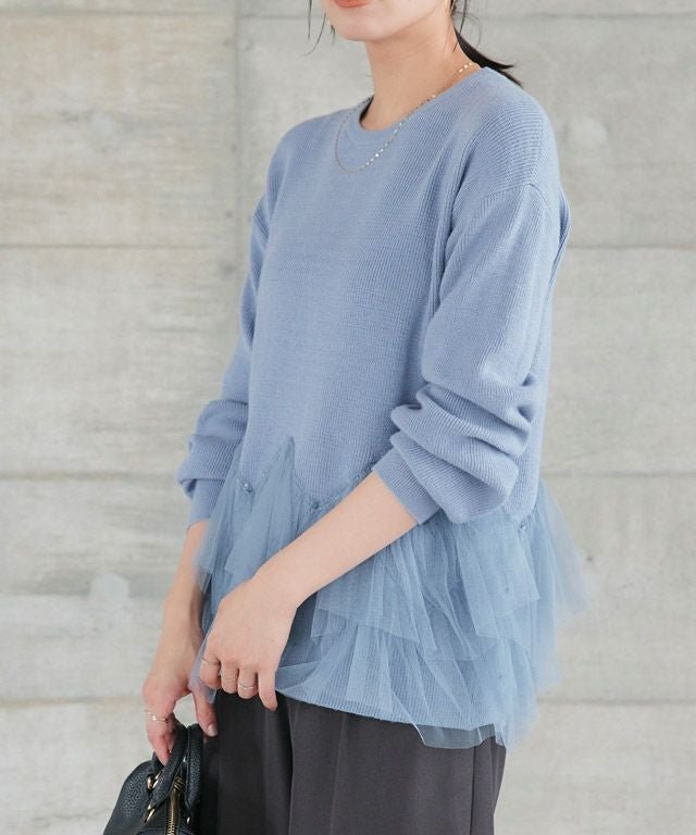 【ピエロ/Pierrot】の【アウトレットSALE!】チュールドッキングニットプルオーバー インテリア・キッズ・メンズ・レディースファッション・服の通販 founy(ファウニー) 　ファッション　Fashion　レディースファッション　Fashion for Women　トップス・カットソー　Cut & Sew Tops　ニット　Knit Tops & Sweaters　カジュアルプルオーバー・ニットトップス　Pullovers & Knit Tops / Casual Pullovers　アウトレット　Outlet / Clearance　シンプル　Simple, Minimal　チュール　Tulip, Tulip Motif　ドッキング　Docking, Mixed Material　フェミニン　Feminine, Girly　プチプライス・低価格　Affordable / Budget Price　167cm / ブルー / M|ID: prp329100004976017 ipo3291000000037300251