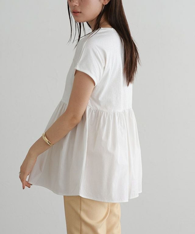 【ピエロ/Pierrot】のドッキングヘムフレンチTシャツ インテリア・キッズ・メンズ・レディースファッション・服の通販 founy(ファウニー) 　ファッション　Fashion　レディースファッション　Fashion for Women　トップス・カットソー　Cut & Sew Tops　シャツ・ブラウス・オフィスカジュアル　Elegant Blouses & Button-Ups　ロングTシャツ・Tシャツ　Longline T-Shirts & Tees　ギャザー　Gathered, Ruffled　スリーブ　Sleeve, Long Sleeve / Short Sleeve　フェミニン　Feminine, Girly　フレンチ　French, French Style　プチプライス・低価格　Affordable / Budget Price　エレガント 上品　Elegant　オフホワイト|ID: prp329100004976046 ipo3291000000037300360