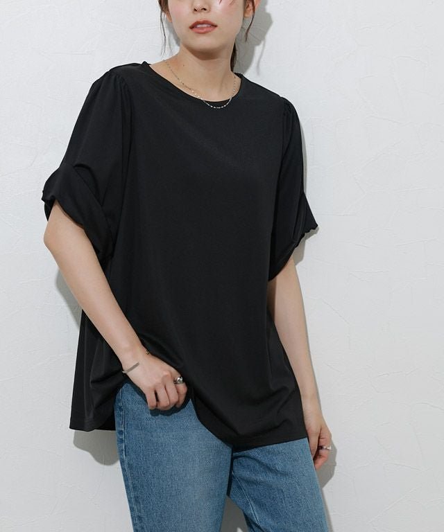 【ピエロ/Pierrot】の接触冷感バルーンスリーブTシャツ インテリア・キッズ・メンズ・レディースファッション・服の通販 founy(ファウニー) 　ファッション　Fashion　レディースファッション　Fashion for Women　トップス・カットソー　Cut & Sew Tops　シャツ・ブラウス・オフィスカジュアル　Elegant Blouses & Button-Ups　ロングTシャツ・Tシャツ　Longline T-Shirts & Tees　送料無料　Free Shipping　カットソー　Cut and Sewn Top　シンプル　Simple, Minimal　スリーブ　Sleeve, Long Sleeve / Short Sleeve　バルーン　Balloon, Balloon Silhouette　プチプライス・低価格　Affordable / Budget Price　エレガント 上品　Elegant　ブラック|ID: prp329100004976052 ipo3291000000037300382