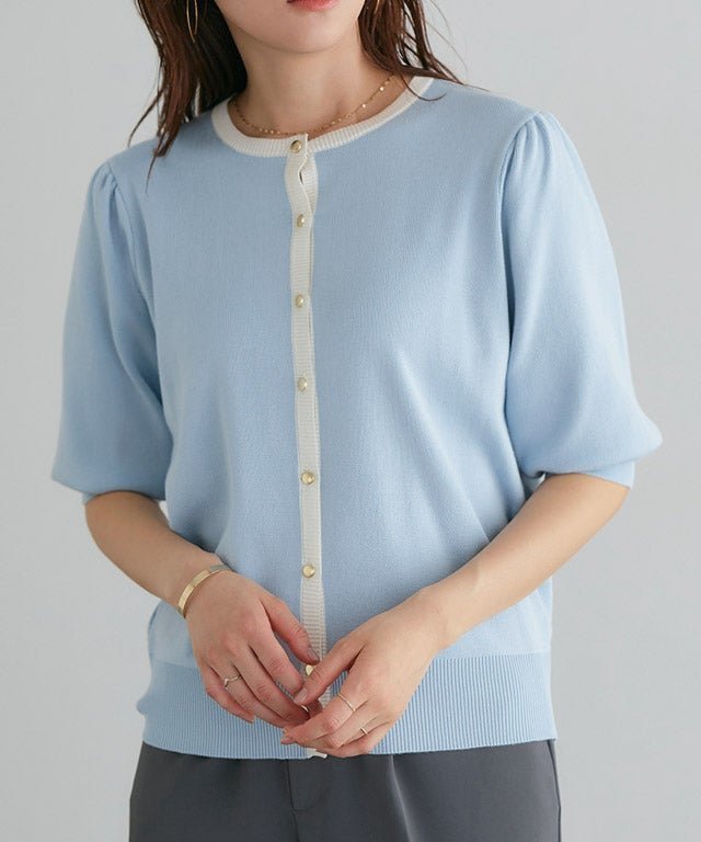【ピエロ/Pierrot】の多機能バイカラーパフニットカーディガン インテリア・キッズ・メンズ・レディースファッション・服の通販 founy(ファウニー) 　ファッション　Fashion　レディースファッション　Fashion for Women　トップス・カットソー　Cut & Sew Tops　ニット　Knit Tops & Sweaters　カーディガン・羽織り　Layered Style Cardigans　ウォッシャブル　Machine Washable　ギャザー　Gathered, Ruffled　フェミニン　Feminine, Girly　プチプライス・低価格　Affordable / Budget Price　ベーシック　Basic, Essential　エレガント 上品　Elegant　抗菌　Antibacterial, Bacteria-Resistant　166cm / ライトブルー×オフホワイト / M|ID: prp329100004976063 ipo3291000000037300425