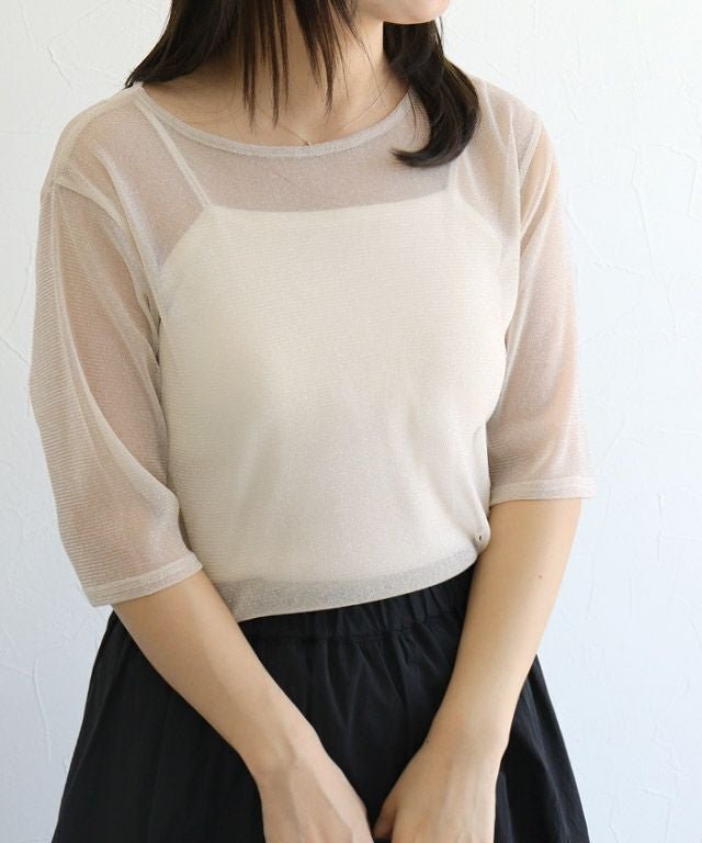 【ピエロ/Pierrot】の袖が選べるシアーカットソー インテリア・キッズ・メンズ・レディースファッション・服の通販 founy(ファウニー) 　ファッション　Fashion　レディースファッション　Fashion for Women　トップス・カットソー　Cut & Sew Tops　カットソー・ベーシックTシャツ　Cut-and-Sewn Tops / Stretch Tees & Basics　送料無料　Free Shipping　インナー　Innerwear　シアー　Sheer, See-Through　プチプライス・低価格　Affordable / Budget Price　ベスト　Vest, Waistcoat　ベーシック　Basic, Essential　150cm / ラメ / ライトベージュ / 五分袖 / M|ID: prp329100004976066 ipo3291000000037300441