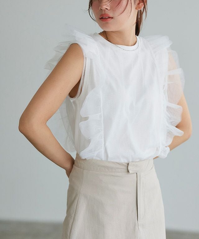 【ピエロ/Pierrot】のチュールフリルカットソー [Pierrot] インテリア・キッズ・メンズ・レディースファッション・服の通販 founy(ファウニー) 　ファッション　Fashion　レディースファッション　Fashion for Women　トップス・カットソー　Cut & Sew Tops　カットソー・ベーシックTシャツ　Cut-and-Sewn Tops / Stretch Tees & Basics　おすすめ　Recommended / Our Picks　インナー　Innerwear　カットソー　Cut and Sewn Top　チュール　Tulip, Tulip Motif　フェミニン　Feminine, Girly　フリル　Frill, Ruffle　プチプライス・低価格　Affordable / Budget Price　オフホワイト|ID: prp329100004976078 ipo3291000000037300485