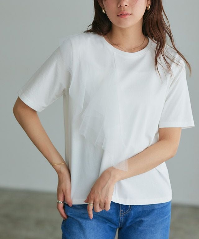 【ピエロ/Pierrot】の【イージーケア】ラッフルドッキングTシャツ インテリア・キッズ・メンズ・レディースファッション・服の通販 founy(ファウニー) 　ファッション　Fashion　レディースファッション　Fashion for Women　トップス・カットソー　Cut & Sew Tops　シャツ・ブラウス・オフィスカジュアル　Elegant Blouses & Button-Ups　ロングTシャツ・Tシャツ　Longline T-Shirts & Tees　チュール　Tulip, Tulip Motif　プチプライス・低価格　Affordable / Budget Price　エレガント 上品　Elegant　オフホワイト|ID: prp329100004976110 ipo3291000000037300614