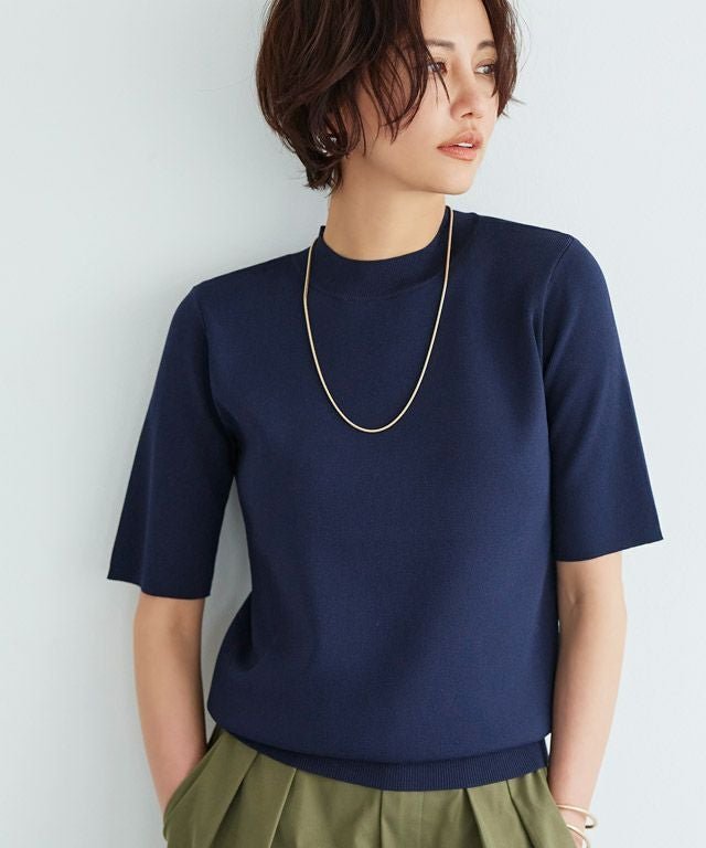 【ピエロ/Pierrot】のRASW 多機能ハーフスリーブニット インテリア・キッズ・メンズ・レディースファッション・服の通販 founy(ファウニー) 　ファッション　Fashion　レディースファッション　Fashion for Women　トップス・カットソー　Cut & Sew Tops　ニット　Knit Tops & Sweaters　ウォッシャブル　Machine Washable　ハイネック　High Neck, Mock Neck　プチプライス・低価格　Affordable / Budget Price　エレガント 上品　Elegant　定番　Standard, Basic Item　165cm / ネイビー / M|ID: prp329100004976132 ipo3291000000037300692