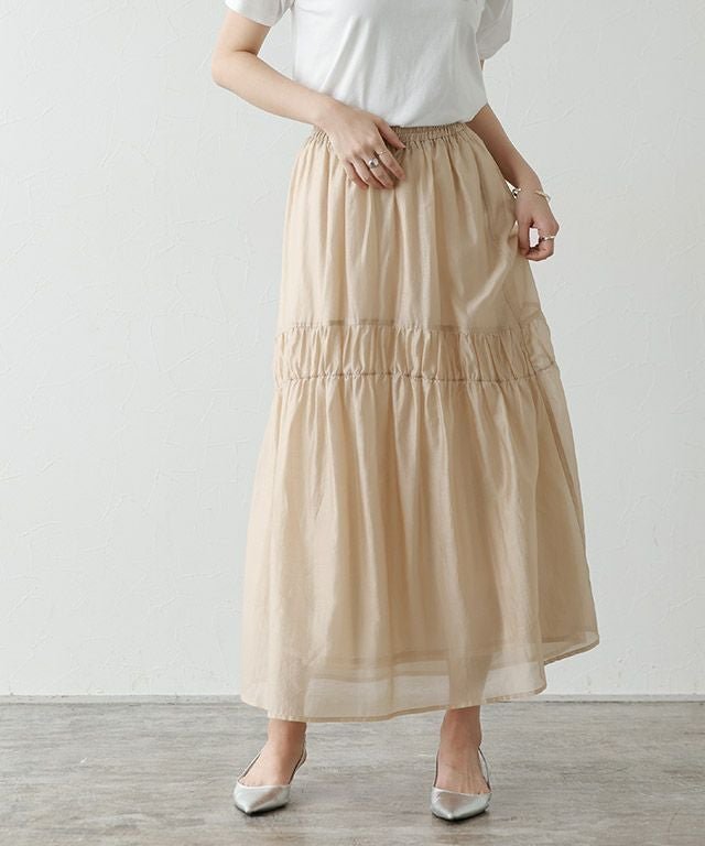 【ピエロ/Pierrot】の【B会場】シャーリングギャザースカート インテリア・キッズ・メンズ・レディースファッション・服の通販 founy(ファウニー) 　ファッション　Fashion　レディースファッション　Fashion for Women　スカート　Skirts　ギャザー　Gathered, Ruffled　シャーリング　Shirring, Ruched　シンプル　Simple, Minimal　トレンド　Trend, Trending Now　フレア　Flare, Flared　プチプライス・低価格　Affordable / Budget Price　ワンポイント　One Point, Statement Accent　夏　Summer　無地　Plain, Solid Color　ベージュ|ID: prp329100004976139 ipo3291000000037300723