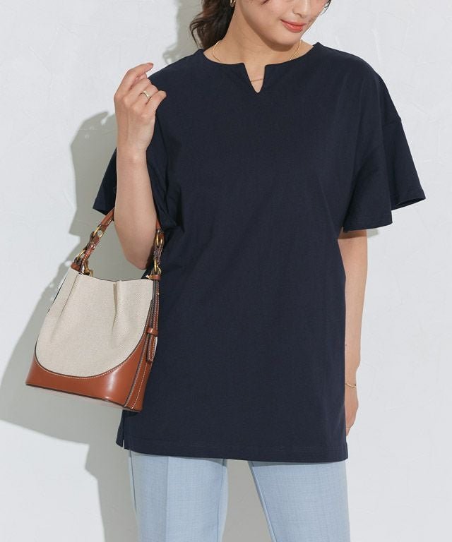 【ピエロ/Pierrot】の丈が選べるフレアスリーブキーネックカットソー インテリア・キッズ・メンズ・レディースファッション・服の通販 founy(ファウニー) 　ファッション　Fashion　レディースファッション　Fashion for Women　トップス・カットソー　Cut & Sew Tops　カットソー・ベーシックTシャツ　Cut-and-Sewn Tops / Stretch Tees & Basics　スリット　Slit, Slit Detail　スリーブ　Sleeve, Long Sleeve / Short Sleeve　フェミニン　Feminine, Girly　フレア　Flare, Flared　プチプライス・低価格　Affordable / Budget Price　ミドル　Middle Length, Mid Height　ロング　Long, Long-Length　158cm / ネイビー / ロング丈 / M|ID: prp329100004976159 ipo3291000000037300796