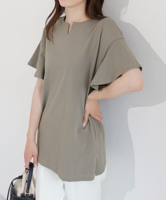 【ピエロ/Pierrot】の丈が選べるフレアスリーブキーネックカットソー インテリア・キッズ・メンズ・レディースファッション・服の通販 founy(ファウニー) 　ファッション　Fashion　レディースファッション　Fashion for Women　トップス・カットソー　Cut & Sew Tops　カットソー・ベーシックTシャツ　Cut-and-Sewn Tops / Stretch Tees & Basics　スリット　Slit, Slit Detail　スリーブ　Sleeve, Long Sleeve / Short Sleeve　フェミニン　Feminine, Girly　フレア　Flare, Flared　プチプライス・低価格　Affordable / Budget Price　ミドル　Middle Length, Mid Height　ロング　Long, Long-Length　163cm / モカグレー / ロング丈 / M|ID: prp329100004976159 ipo3291000000037300798