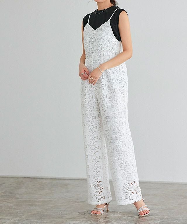 【ピエロ/Pierrot】のケミカルレースキャミオールインワン インテリア・キッズ・メンズ・レディースファッション・服の通販 founy(ファウニー) 　ファッション　Fashion　レディースファッション　Fashion for Women　トップス・カットソー　Cut & Sew Tops　キャミソール&ノースリーブ　Camisoles & Sleeveless Tops　ワンピース　Dresses　オールインワン・ワンピース　Dresses and Jumpsuits　シャーリング　Shirring, Ruched　シンプル　Simple, Minimal　タンク　Tank Top, Sleeveless Top　プチプライス・低価格　Affordable / Budget Price　レース　Lace, Lace Fabric　オフホワイト|ID: prp329100004976195 ipo3291000000037300943