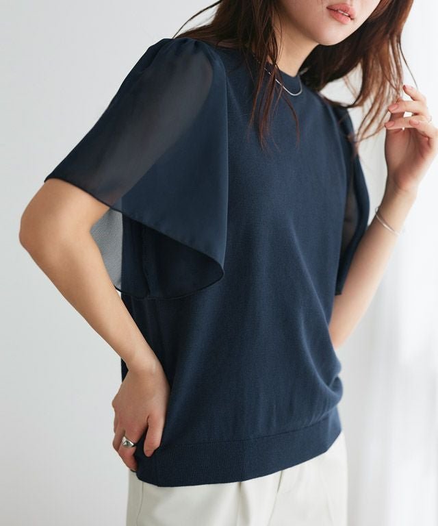 【ピエロ/Pierrot】のシフォンフレアスリーブニット インテリア・キッズ・メンズ・レディースファッション・服の通販 founy(ファウニー) 　ファッション　Fashion　レディースファッション　Fashion for Women　トップス・カットソー　Cut & Sew Tops　ニット　Knit Tops & Sweaters　シフォン　Chiffon, Lightweight Fabric　シンプル　Simple, Minimal　スリーブ　Sleeve, Long Sleeve / Short Sleeve　ドッキング　Docking, Mixed Material　フェミニン　Feminine, Girly　フレア　Flare, Flared　プチプライス・低価格　Affordable / Budget Price　ロング　Long, Long-Length　ネイビー|ID: prp329100004976201 ipo3291000000037300972