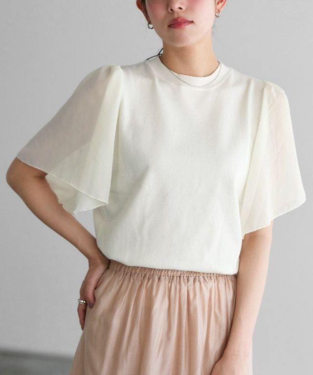 【ピエロ/Pierrot】のシフォンフレアスリーブニット インテリア・キッズ・メンズ・レディースファッション・服の通販 founy(ファウニー) 　ファッション　Fashion　レディースファッション　Fashion for Women　トップス・カットソー　Cut & Sew Tops　ニット　Knit Tops & Sweaters　シフォン　Chiffon, Lightweight Fabric　シンプル　Simple, Minimal　スリーブ　Sleeve, Long Sleeve / Short Sleeve　ドッキング　Docking, Mixed Material　フェミニン　Feminine, Girly　フレア　Flare, Flared　プチプライス・低価格　Affordable / Budget Price　ロング　Long, Long-Length　オフホワイト|ID: prp329100004976201 ipo3291000000037300973
