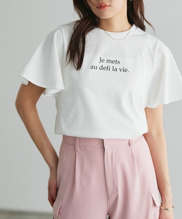【ピエロ/Pierrot】の【イージーケア】フレアスリーブロゴTシャツ インテリア・キッズ・メンズ・レディースファッション・服の通販 founy(ファウニー) 　ファッション　Fashion　レディースファッション　Fashion for Women　トップス・カットソー　Cut & Sew Tops　シャツ・ブラウス・オフィスカジュアル　Elegant Blouses & Button-Ups　ロングTシャツ・Tシャツ　Longline T-Shirts & Tees　フェミニン　Feminine, Girly　フレア　Flare, Flared　プチプライス・低価格　Affordable / Budget Price　エレガント 上品　Elegant　オフホワイト×ブラック|ID: prp329100004976210 ipo3291000000037301005