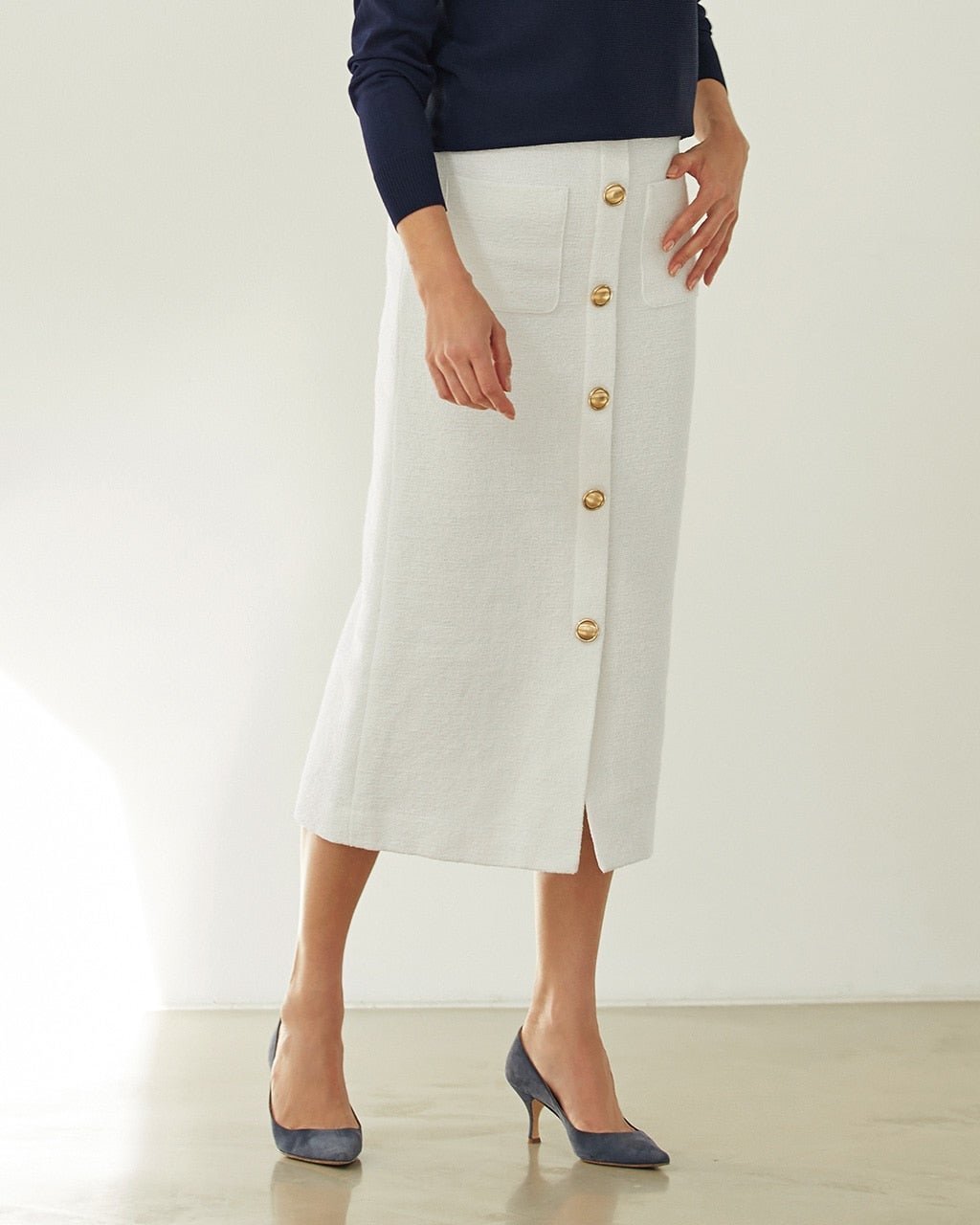 【ドゥクラッセ/DoCLASSE】のスラブツイード・ボタンデザインスカート インテリア・キッズ・メンズ・レディースファッション・服の通販 founy(ファニー) 　ファッション　Fashion　レディースファッション　Fashion for Women　スカート　Skirts　フロント　Front, Front Design　ホワイト|ID: prp329100003115605 ipo3291000000035795874