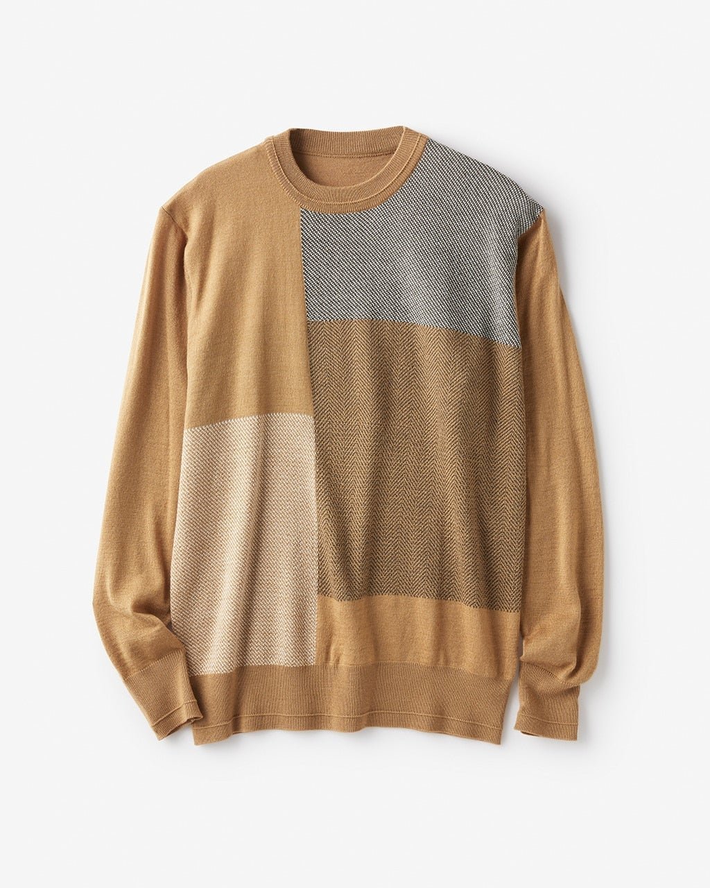 【ドゥクラッセ/DoCLASSE / MEN】のパネル柄クルーネックニット インテリア・キッズ・メンズ・レディースファッション・服の通販 founy(ファニー) 　ファッション　Fashion　メンズファッション　Fashion for Men　ジャカード／ジャガード　Jacquard, Woven Pattern　セーター　Sweater, Knitwear　ダブル　Double, Double-Breasted　デニム　Denim, Jeans Material　メンズ　Men's, Menswear　レギュラー　Regular, Standard Fit　無地　Plain, Solid Color　ライトブラウン|ID: prp329100003115660 ipo3291000000028256072