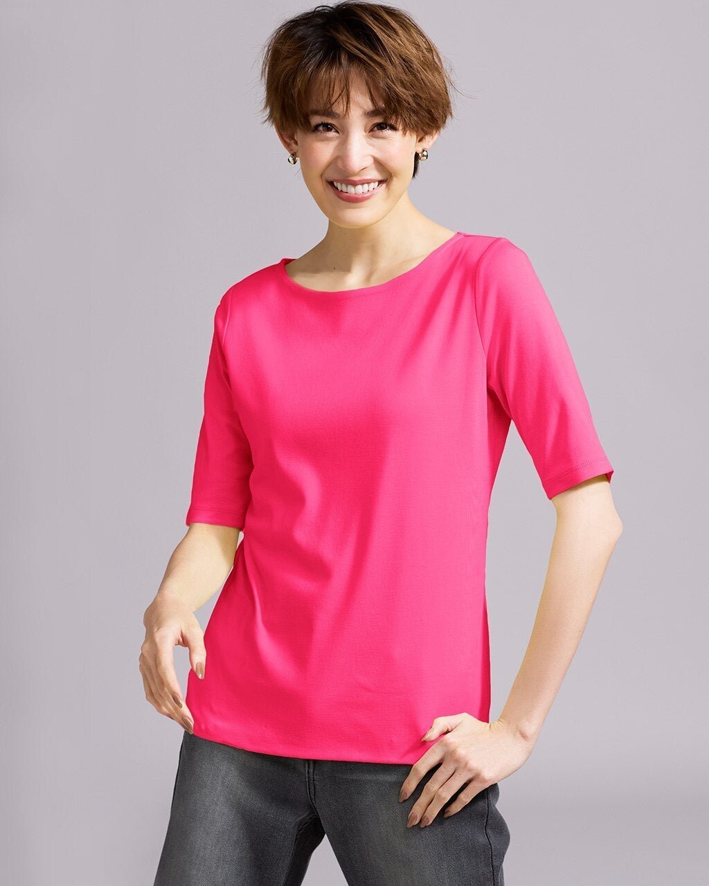 【ドゥクラッセ/DoCLASSE】のボートネック/5分袖・ドゥクラッセTシャツ(58cm丈) インテリア・キッズ・メンズ・レディースファッション・服の通販 founy(ファニー) 　ファッション　Fashion　レディースファッション　Fashion for Women　トップス・カットソー　Cut & Sew Tops　シャツ・ブラウス・オフィスカジュアル　Elegant Blouses & Button-Ups　ロングTシャツ・Tシャツ　Longline T-Shirts & Tees　カットソー・ベーシックTシャツ　Cut-and-Sewn Tops / Stretch Tees & Basics　インナー　Innerwear　カットソー　Cut and Sewn Top　シンプル　Simple, Minimal　ジャケット　Jacket, Outerwear　デニム　Denim, Jeans Material　定番　Standard, Basic Item　なめらか　Smooth, Silky Texture　人気　Popular, Best Seller　パール　Pearl, Pearl Accent　ベーシック　Basic, Essential　半袖　Short Sleeve, Half Sleeve　おすすめ　Recommended / Our Picks　ビジネス 仕事 通勤　Business / Work / Commuting　フューシャピンク|ID: prp329100003115986 ipo3291000000032747987