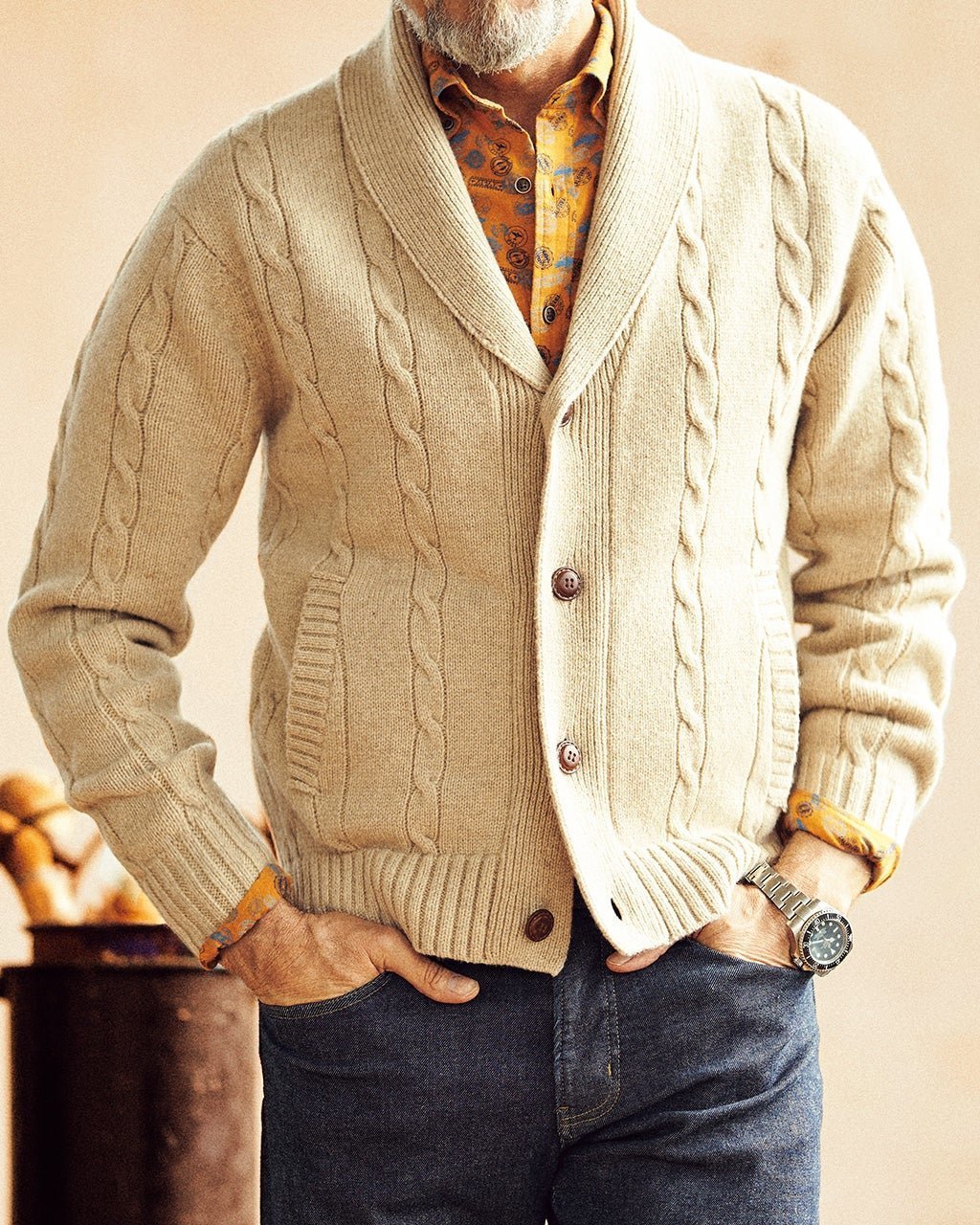 【ドゥクラッセ/DoCLASSE / MEN】のケーブル編みショールカーディガン インテリア・キッズ・メンズ・レディースファッション・服の通販 founy(ファニー) 　ファッション　Fashion　メンズファッション　Fashion for Men　カーディガン　Cardigan, Knitwear　ショール　Shawl, Wrap　メンズ　Men's, Menswear　アイボリー|ID: prp329100003117855 ipo3291000000028256881