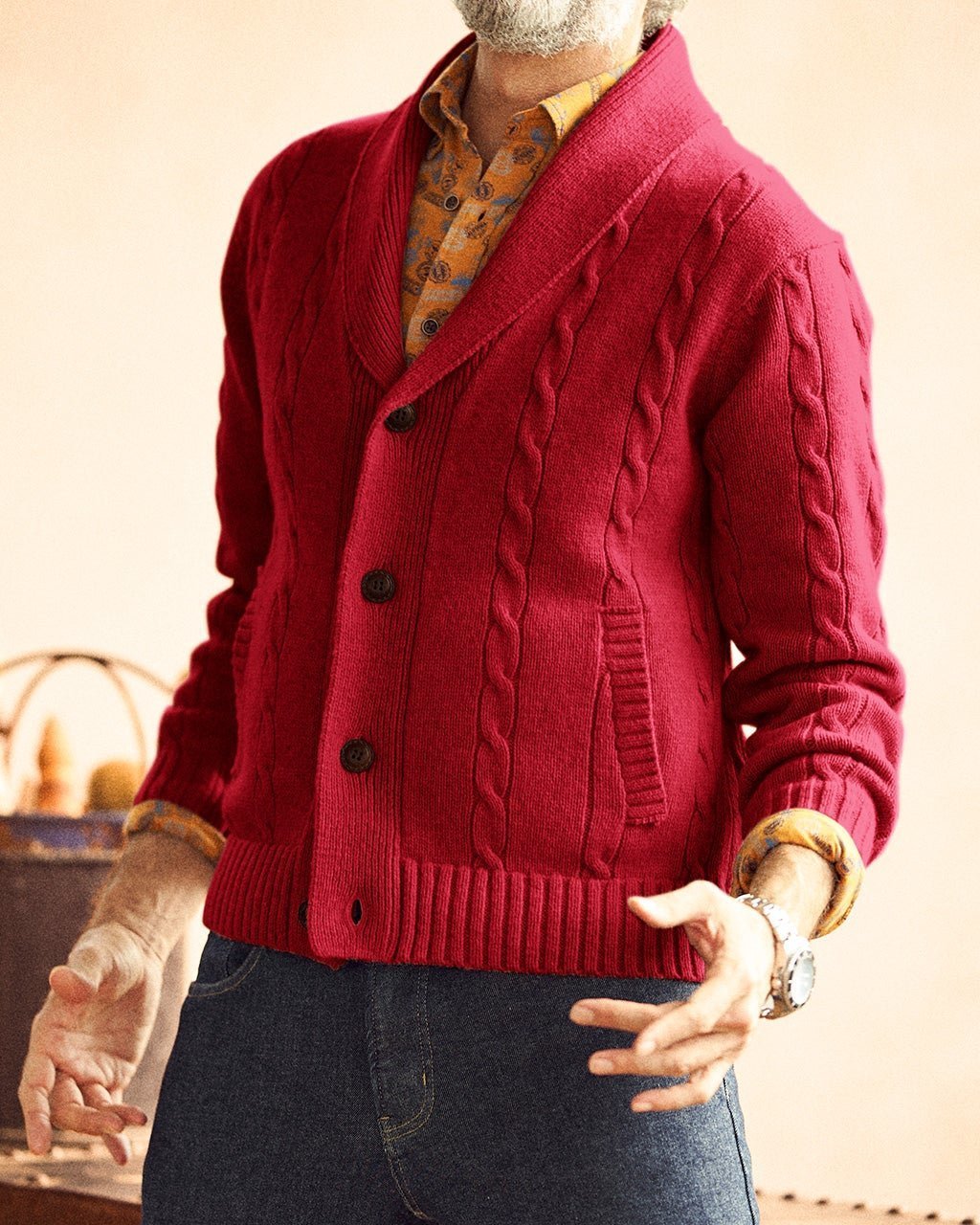 【ドゥクラッセ/DoCLASSE / MEN】のケーブル編みショールカーディガン インテリア・キッズ・メンズ・レディースファッション・服の通販 founy(ファニー) 　ファッション　Fashion　メンズファッション　Fashion for Men　カーディガン　Cardigan, Knitwear　ショール　Shawl, Wrap　メンズ　Men's, Menswear　ダークレッド|ID: prp329100003117855 ipo3291000000028256882