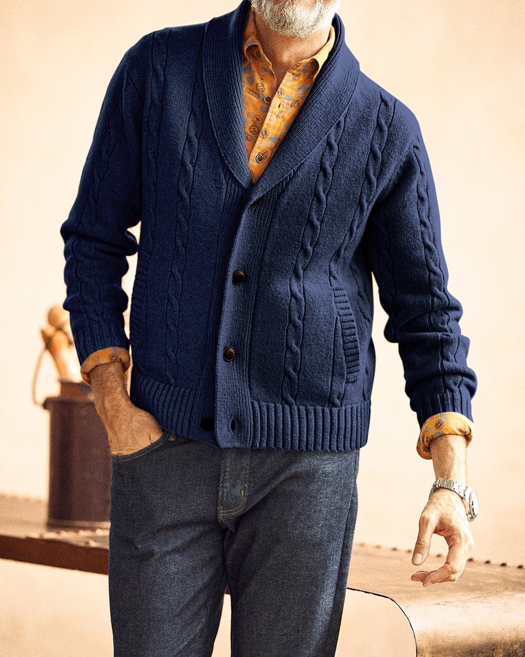 【ドゥクラッセ/DoCLASSE / MEN】のケーブル編みショールカーディガン インテリア・キッズ・メンズ・レディースファッション・服の通販 founy(ファニー) 　ファッション　Fashion　メンズファッション　Fashion for Men　カーディガン　Cardigan, Knitwear　ショール　Shawl, Wrap　メンズ　Men's, Menswear　ネイビー|ID: prp329100003117855 ipo3291000000028256883