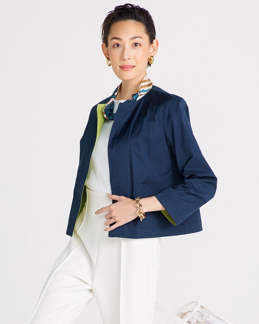 【ドゥクラッセ/DoCLASSE】の二重織メモリー・ノーカラージャケット インテリア・キッズ・メンズ・レディースファッション・服の通販 founy(ファニー) 　ファッション　Fashion　レディースファッション　Fashion for Women　アウター　Coat / Outerwear Collection　レディースジャケット・軽アウター　Jackets　ノーカラージャケット / シンプル上品コーデ　Collarless Jackets　アクセサリー　Fashion Accessories　ショート　Short, Short Length　ジャケット　Jacket, Outerwear　ストール　Stole, Wrap　ダブル　Double, Double-Breasted　フェイス　Face, Facial Design　エレガント 上品　Elegant　ミッドナイトブルー|ID: prp329100003117915 ipo3291000000032775131
