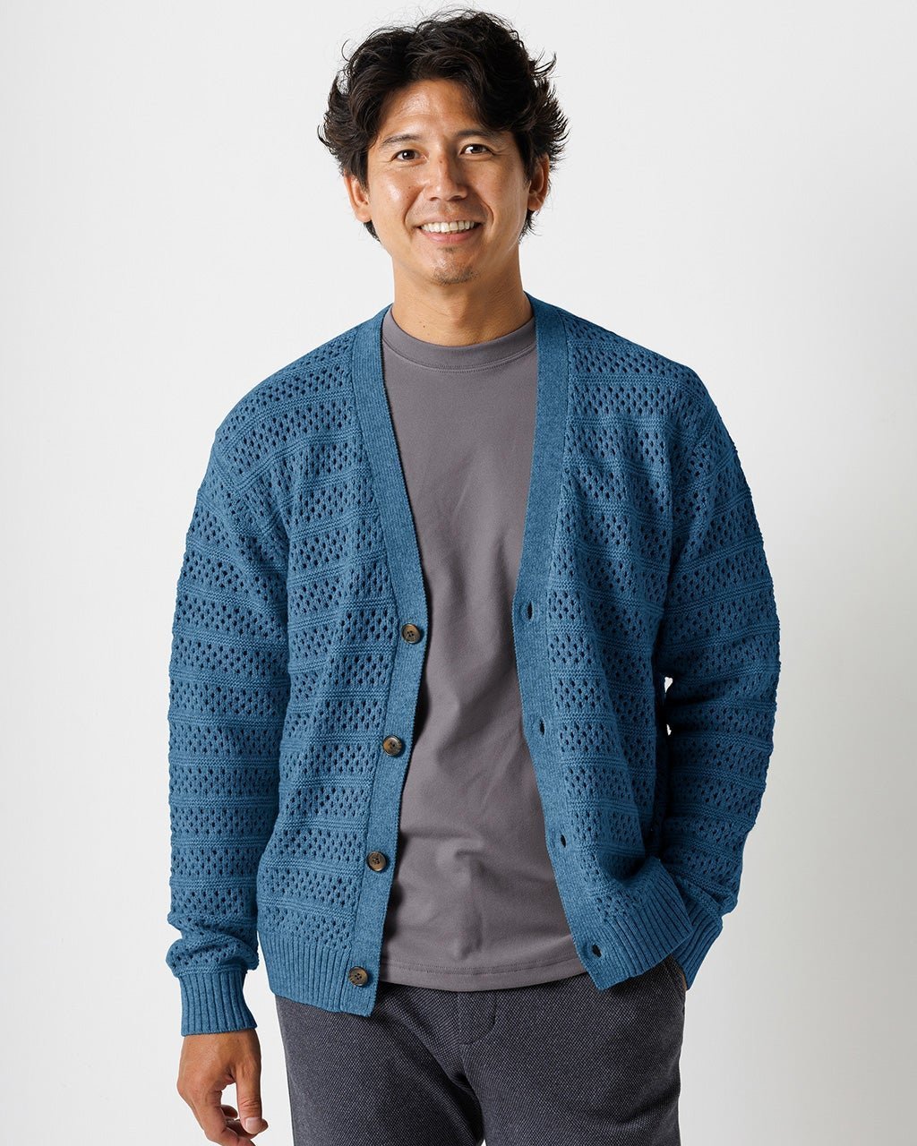 【ドゥクラッセ/DoCLASSE / MEN】の針抜きウールブレンドカーディガン インテリア・キッズ・メンズ・レディースファッション・服の通販 founy(ファニー) 　ファッション　Fashion　メンズファッション　Fashion for Men　カーディガン　Cardigan, Knitwear　メッシュ　Mesh, Net Fabric　メンズ　Men's, Menswear　インディゴ|ID: prp329100003580917 ipo3291000000028262332