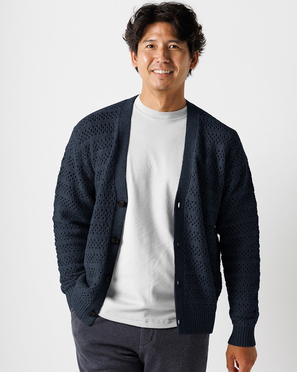 【ドゥクラッセ/DoCLASSE / MEN】の針抜きウールブレンドカーディガン インテリア・キッズ・メンズ・レディースファッション・服の通販 founy(ファニー) 　ファッション　Fashion　メンズファッション　Fashion for Men　カーディガン　Cardigan, Knitwear　メッシュ　Mesh, Net Fabric　メンズ　Men's, Menswear　ネイビー|ID: prp329100003580917 ipo3291000000028262333