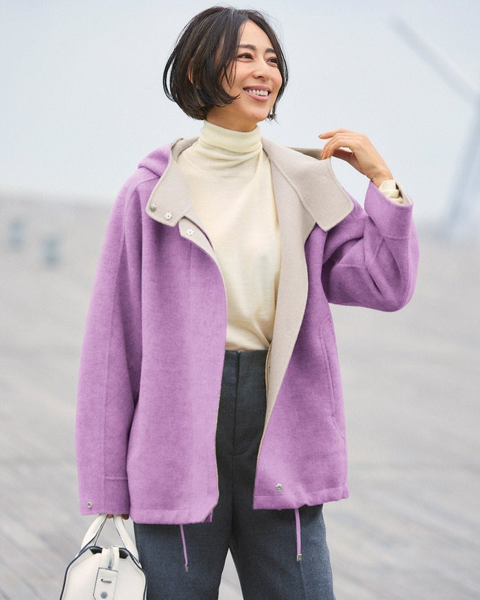 【ドゥクラッセ/DoCLASSE】のカシミヤ混ウールリバー・配色フードジャケット インテリア・キッズ・メンズ・レディースファッション・服の通販 founy(ファニー) https://founy.com/ ファッション Fashion レディースファッション Fashion for Women アウター Coat / Outerwear Collection レディースジャケット・軽アウター Jackets ジャケット Jacket, Outerwear スタンド Stand Collar, Upright Stand ダブル Double, Double-Breasted なめらか Smooth, Silky Texture フェイス Face, Facial Design フォルム Silhouette, Form 防寒 Cold Protection, Winter-Ready モダン Modern, Contemporary |ID: prp329100003767758 ipo3291000000035992809